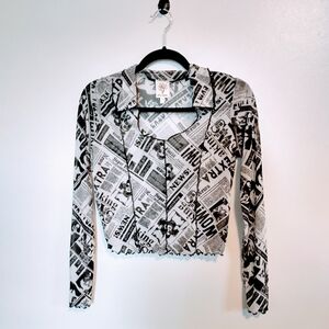 Self Esteem sheer collared newspaper print crop top with long sleeves and collar